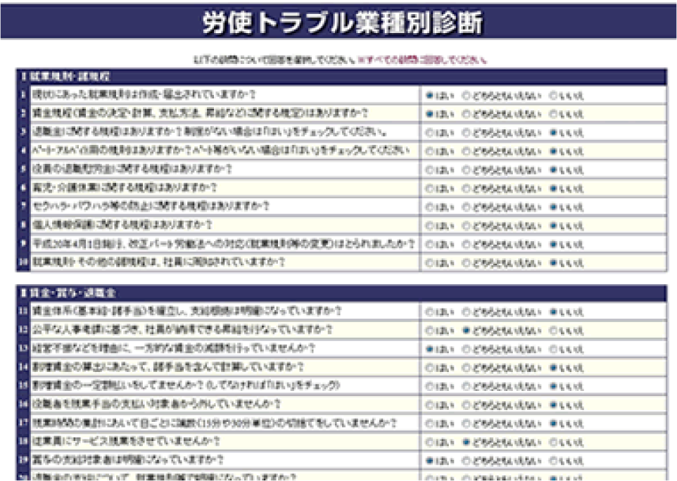 労使トラブル業種別診断質問票サンプル
